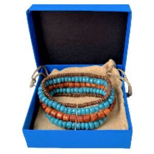 Indian Aztec Wooden Beaded Bracelet Teal Turquoise Brown Metal Stretch